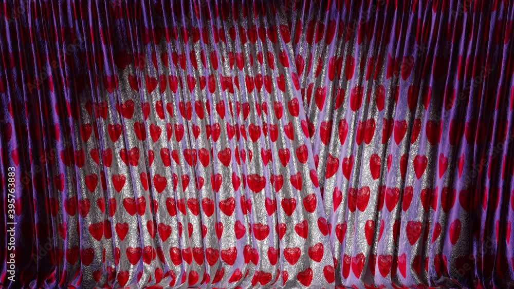 Poster realistic 3d animation of the textured fancy hearts pattern stage curtains rendered in uhd, alpha ma