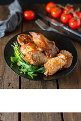 baked meat festive table treat ready to eat on the table serving healthy meal snack ingredient top view copy space for text food background rustic