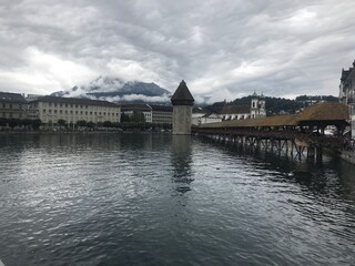 Historic city center of Lucerne with famous Chapel Bridge on Reuss River in Switzerland