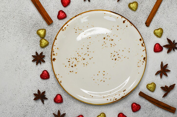 beautiful ceramic plate top view with heart shaped decor for Valentine's day or Christmas, creative food concept