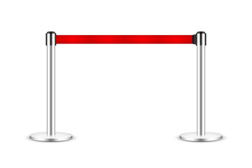 Realistic vector retractable belt stanchion. Crowd control barrier posts with caution strap. Queue lines. Restriction border and danger tape.