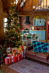 Christmas tree with lights and gifts. Home cozy holiday. The atmosphere of the new year. The garlands are shining. Christmas background.