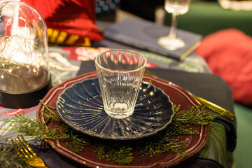 Winter Holidays Table Decorations. Happy New Year and Merry Christmas Party Preparation.