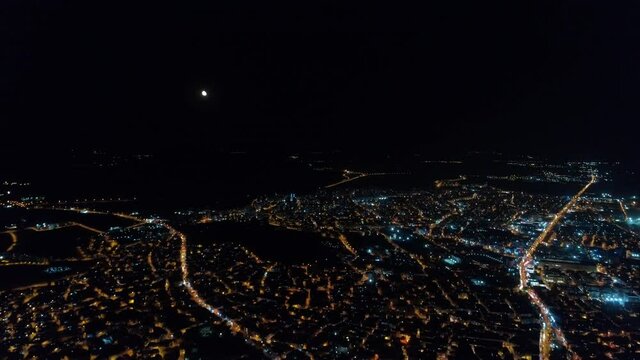 Aerial night view of Edirne City Landscape. 4K Footage in Turkey