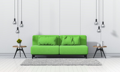 interior modern living room with sofa, plant, lamp, decoration, 3D render