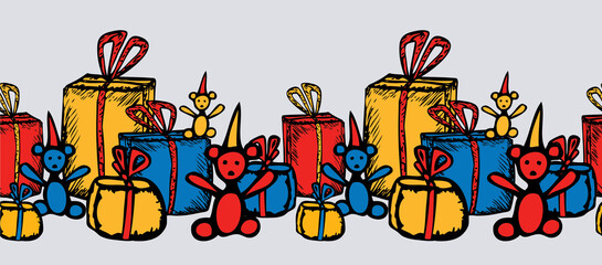 Vector image of seamless border from drawn colorful gift boxes amd teddy bears