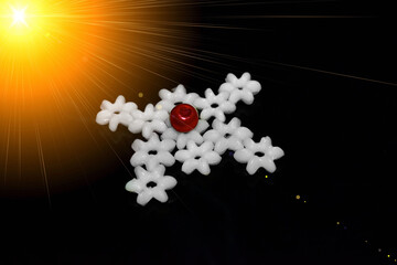 red small balls on top of white star shape objects 