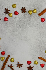 holiday background of colorful decorations in the form of hearts top view for copy space text or design