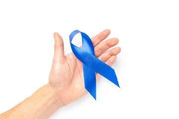 Men cancer. Blue ribbon in hands isolated on white background. Awareness prostate cancer of men...