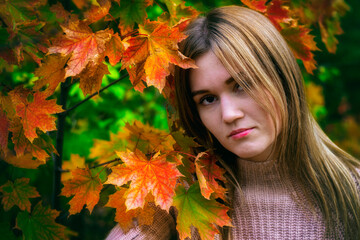 Naklejka na ściany i meble Beautiful girl in a knitted sweater in the autumn Park.Portrait of a girl in autumn leaves.