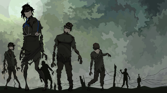 group of cartoon scary zombies in medical masks broke through the fence
