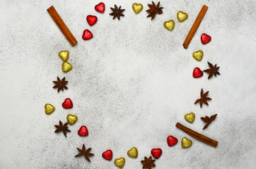 holiday background of colorful decorations in the form of hearts top view for copy space text or design