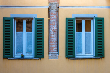 Traditional Italian houses window in Citta Alta of Bergamo City