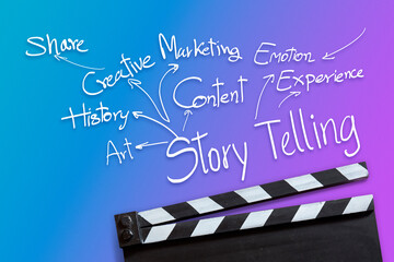 film slate and Storytelling Concept. Chart with keywords 