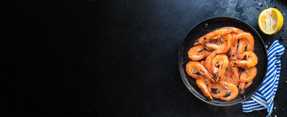 shrimp seafood cooked prawn ready to eat serving healthy meal snack top view copy space for text food background rustic