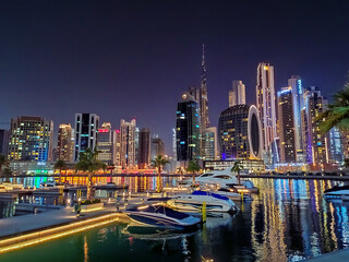 Downtown Dubai modern cityscape skyline view from the Marasi marina in the Business Bay