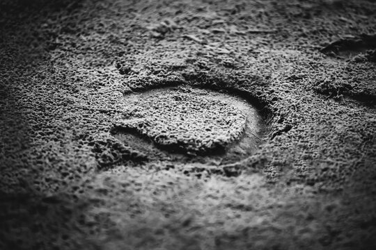 Black-and-white image of a horseshoe print in the sand. The horse tracks. Outdoor arena.