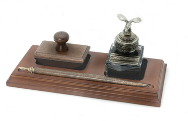writing set pen inkwell and paperweight on white background
