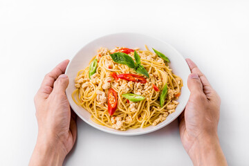 Stir fry chicken spaghetti Asian style with hand