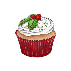digital illustration of cute Christmas cupcake in a red Cup with Christmas decorations