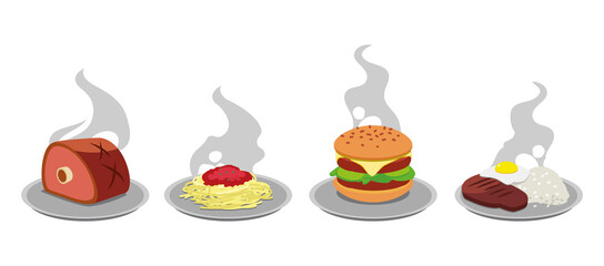 Vector Meal Food Illustration. Collection of Hot food Items on Dishes 