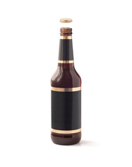 Opened brown bottle with empty label and cap isolated on white