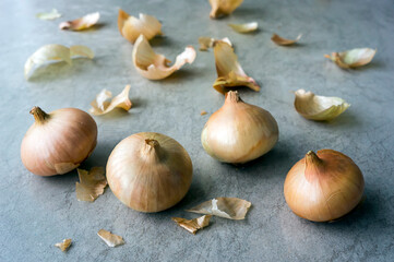 Onions and their husks scattered on the table