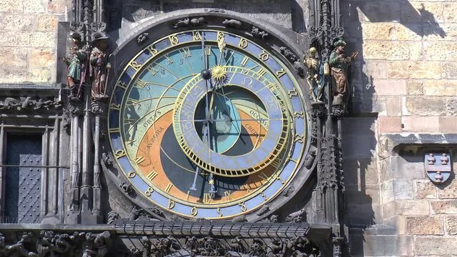 Close up, detailed view of the astronomical clock of Prague, Czech Republic.