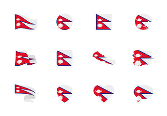 Nepal flag - flat collection. Flags of different shaped twelve flat icons.