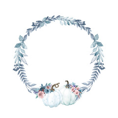 Watercolor pastel pumpkins wreath. Autumn floral arrangement geometric frame. Fall leaves, berries, pumpkins harvest frame. Decorative wreath for holidays, wedding, birthday, Shower