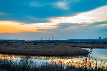 Fototapeta premium Sunset at Poda reservation south of the city of Burgas, Bulgaria
