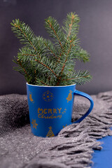 Blue Xmas mug with fir branches on grey knitted plaid with fringe on black. Cozy hugge atmosphere. Selective focus.