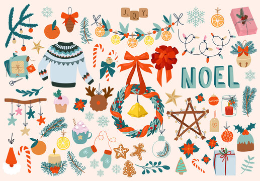 Big Christmas set cute design elements. Cartoon swether,toys, Christmas decorative, sweets and gifts. Vector hand drawn Scandinavian style
