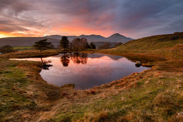 Sunset view of mountain tarn with reflections at Kelly Hall Tarn in the English Lake District.