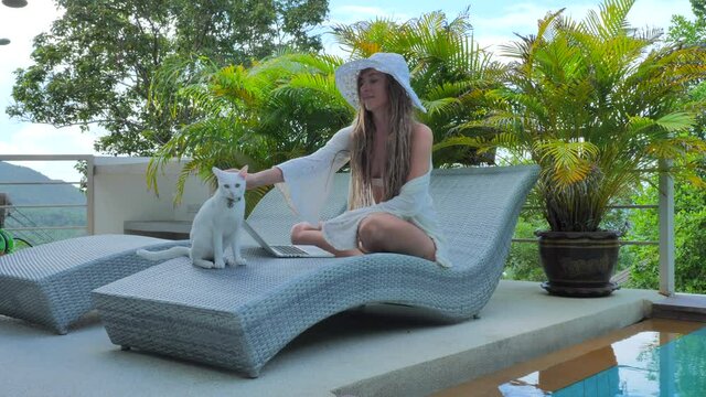 Young boho woman in white with adorable cat working on laptop near villa pool at an tropical island. Freelance outdoor online shopping 