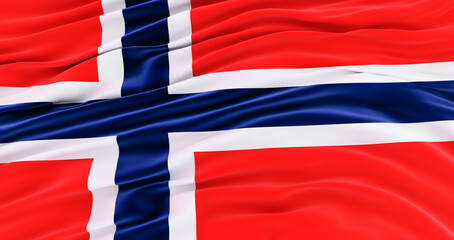silk national flag of Norway with the folds. Realistic flag. Norway flag blowing in the wind. 3D render