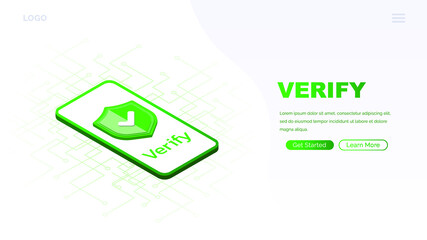 Verified icon on screen phone, loading page website. Approved icon. Check mark. Approved, verified and protected icon. Isometric
