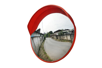 The traffic curve mirror, convex mirror on the road for safety isolated on white background with clipping path. The virtual image is upright, smaller than the object.