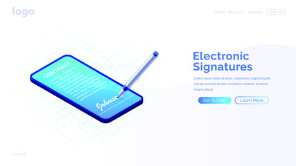 Electronic contract or digital signature concept in isometric vector illustration. Signing an electronic contract online by phone. Website template or web page layout.