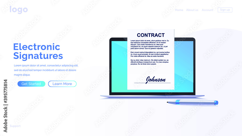 Poster electronic contract or digital signature concept in isometric vector illustration. signing an electr