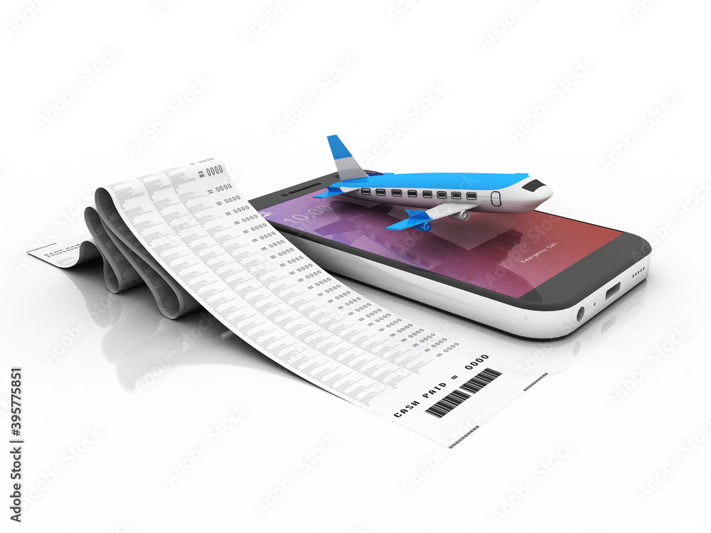 Poster 3d rendering airplane in mobile phone with computer bill
