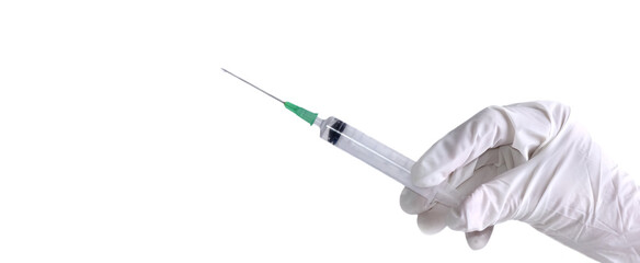 hand holding a  syringe with needle isolated on white background