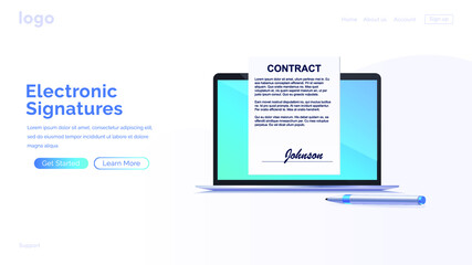 Electronic contract or digital signature concept in isometric vector illustration. Signing an electronic contract online by computer. Website template or web page layout.