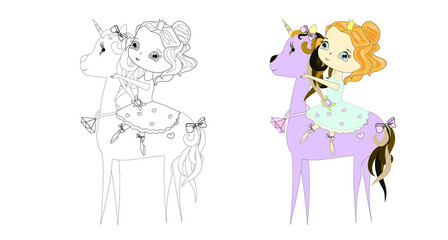 Girl and unicorn. Vector illustration. Linear drawing. Coloring page.