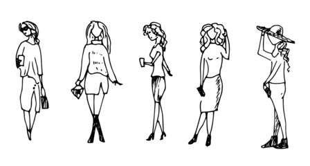 Girls, women. Linear drawing, sketch. Vector illustration.