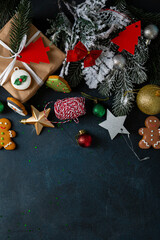 Christmas festive concept with branches and gift box, holiday background