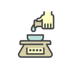 Pharmaceutical production industry or lab test vector icon. Process of weighing substrate consist of balance scale or measurement weigh equipment, liquid or chemical drop, test tube, scientist hand.