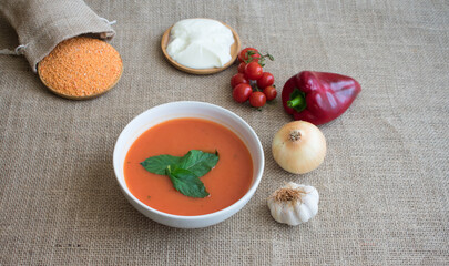 Tomato soup and vegetables used in its making