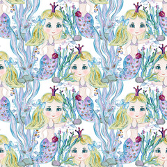 Fototapeta na wymiar Mermaid with a crown, seaweed. Watercolor illustration. Seamless pattern.