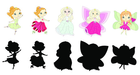 Beautiful princesses in ball gowns. Silhouettes of princesses. Vector illustration.